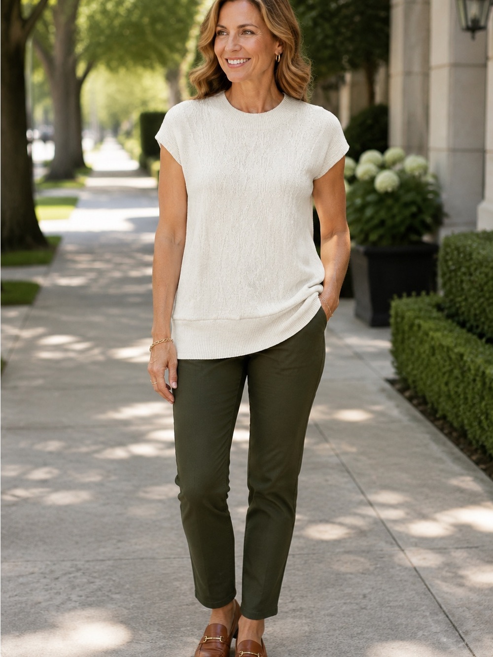 : Democracy Ivory Cable Knit Cap Sleeve Sweater Tunic Top